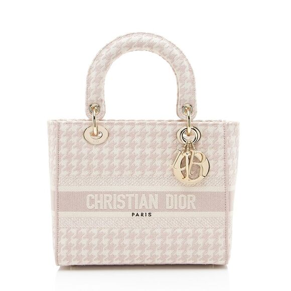Dior Embroidered Houndstooth Canvas Lady D-Lite Medium Tote - Picture 1 of 10